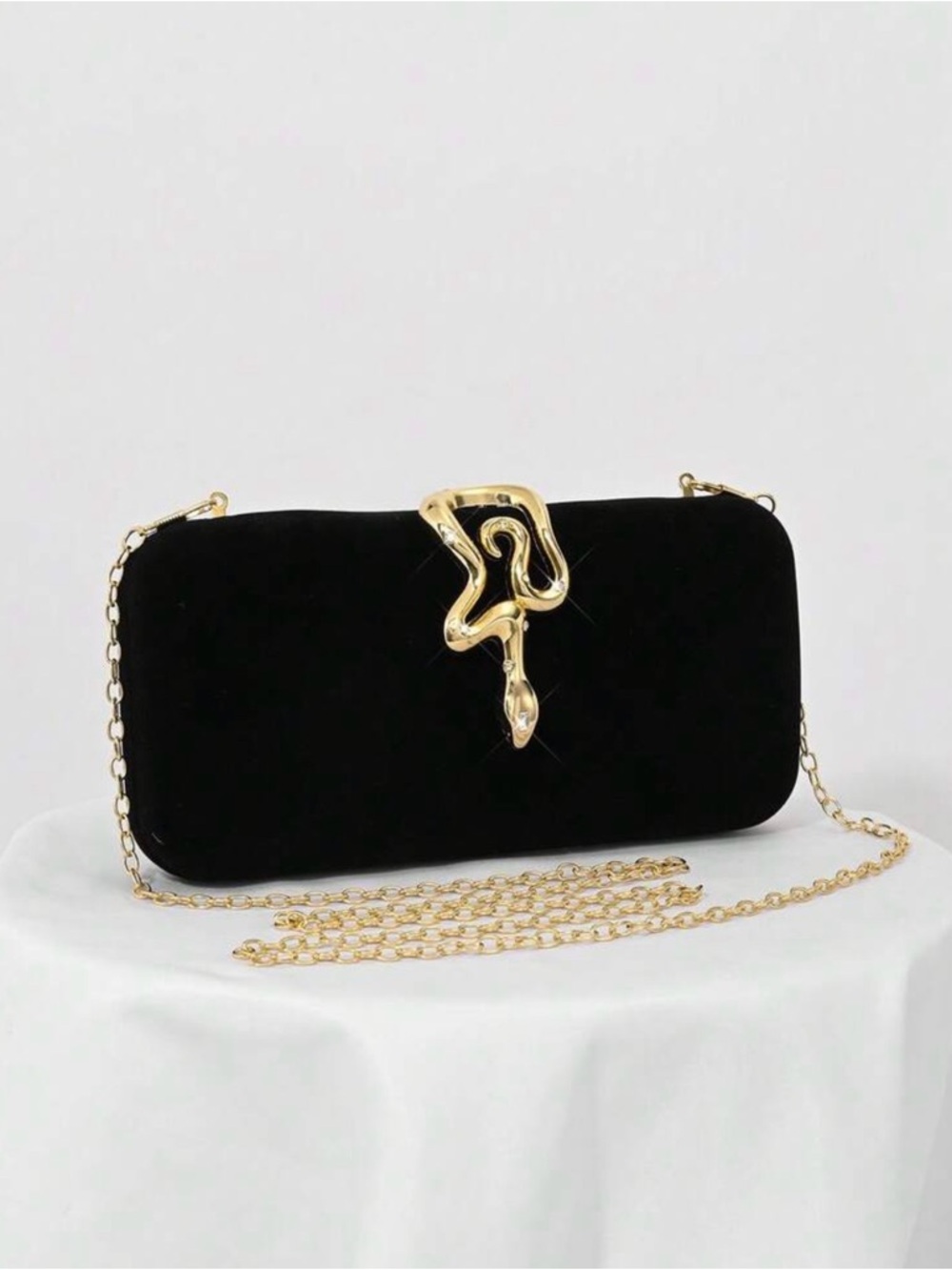 Black Velvet Clutch with Gold Snake Accent - Picture 2 of 7